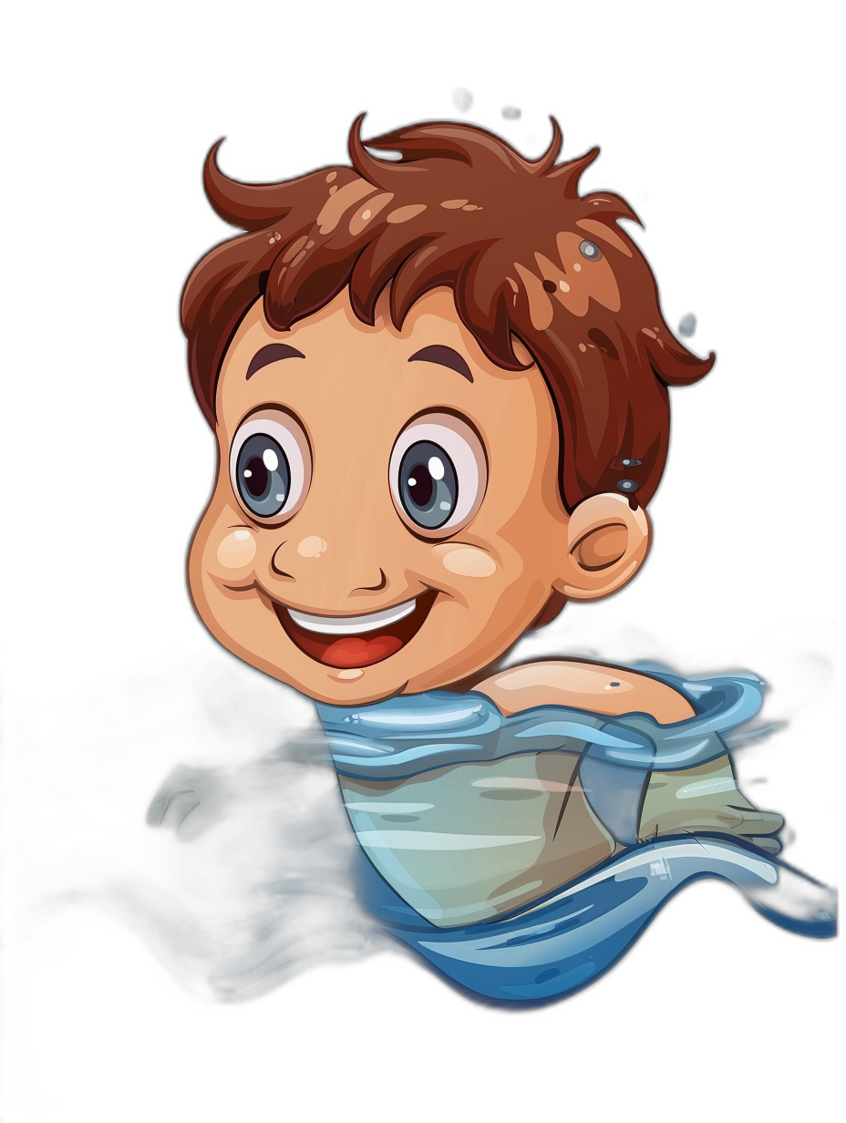 smiling cartoon baby boy with brown hair and blue eyes swimming in water, vector illustration for t-shirt design isolated on black background