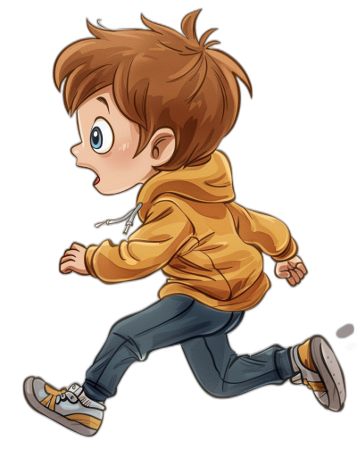 A cute cartoon character of an adorable boy with brown hair, wearing blue jeans and a yellow hoodie running on a black background, in the style of chibi anime.