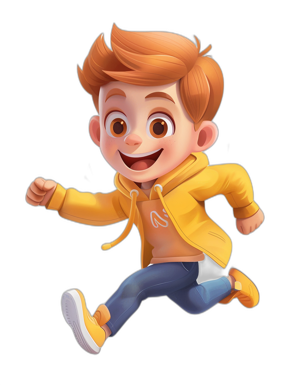 Cute cartoon character of a boy in a yellow jacket and blue jeans running and smiling against a black background, concept art in the style of Pixar studio, digital painting