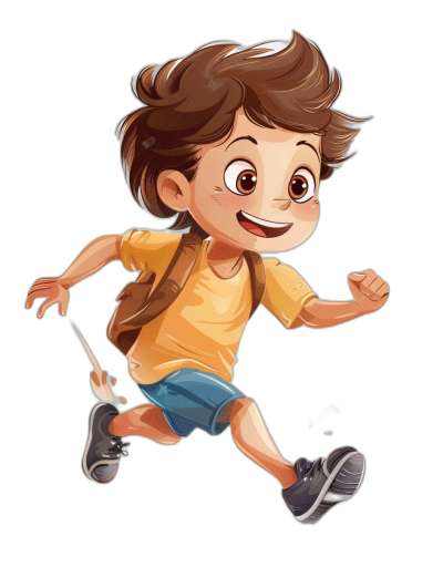 A cute cartoon boy running with a backpack, smiling and happy against a black background. The illustration is in the style of Pixar in a 2D vector style suitable for a children's book character. It is a high quality, high resolution, high detail image with high definition and sharpness in a hyper realistic style.