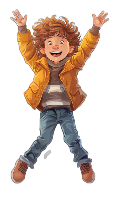 A cute little boy with curly brown hair, wearing jeans and an orange jacket is jumping up in the air with his hands raised, smiling happily against a black background. The illustration is in the flat style with a cartoon character design showing a full body portrait from the front with high definition details.