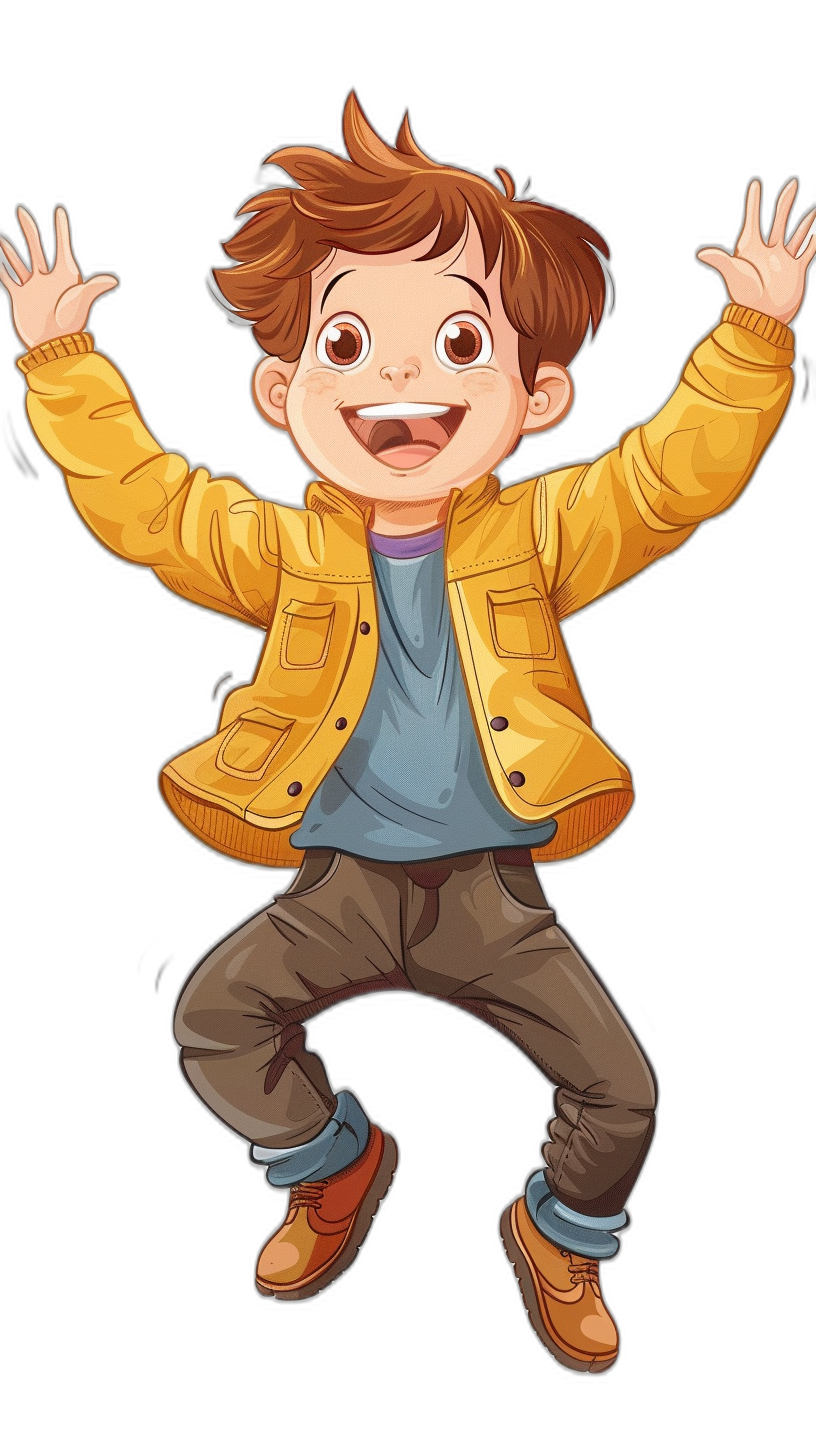 Cute cartoon boy, brown hair and blue eyes wearing yellow jacket with grey t-shirt underneath dark gray pants brown shoes jumping up on black background smiling