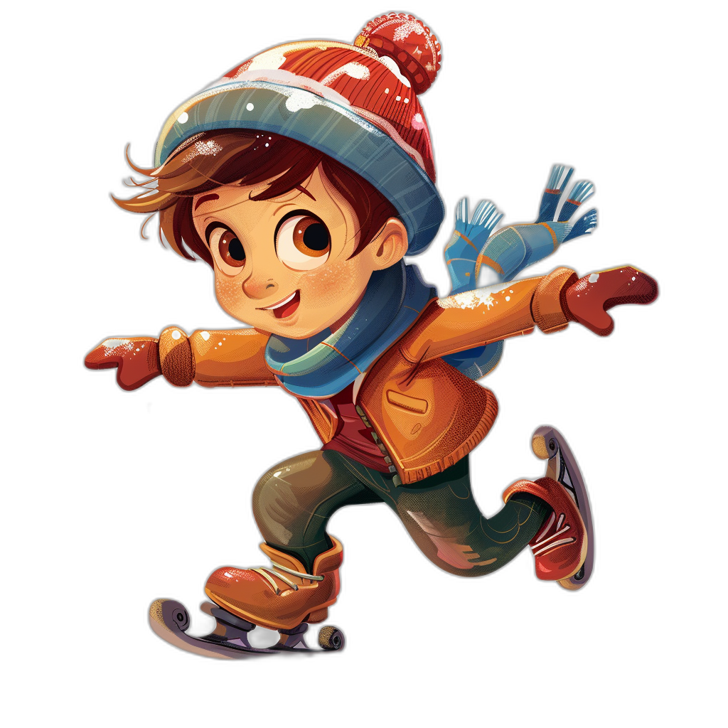 A cute cartoon boy ice skating, wearing winter  and gloves on his hands, against a black background, in a colorful style reminiscent of Disney and Pixar animation, with character design and rendering techniques similar to those used in Pixar films, this high resolution, high detail, high quality, hyper detailed digital illustration renders the scene in a hyper realistic style.