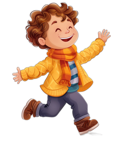 A cute happy boy in a yellow jacket and scarf, jumping with curly brown hair, full body cartoon illustration on a black background, in the style of Pixar.