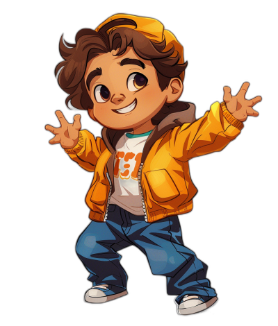 A cute chibi cartoon character of a young boy in an oversized jacket and blue jeans, his hands up as if doing something. He has brown hair with a yellow cap on top and a smiling face expression. He is wearing white sneakers. Vibrant colors against a black background. Digital art in the style of vector graphics with high resolution, high detail, and high contrast. Bright colors in a full body portrait with a 2D animation style from a low angle shot.