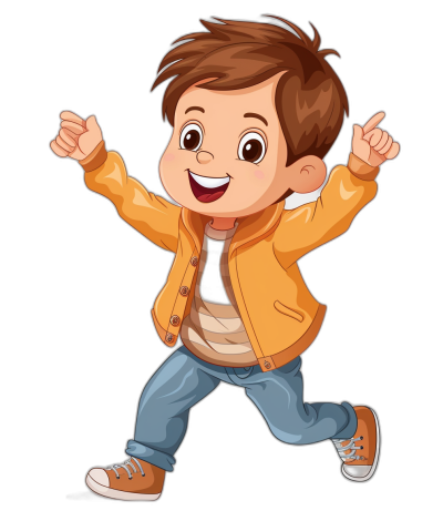 a cute cartoon of happy boy in brown hair, orange jacket and blue jeans jumping with black background