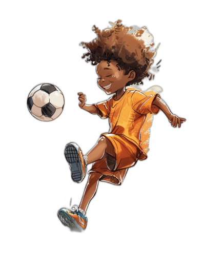 A cute little black boy playing soccer, jumping to kick the ball, wearing an orange t-shirt and shorts with an afro hairstyle. The cartoon character illustration is in the style of Ch helly Htou with clean edges on all sides isolated against a pure solid black background, clipart.