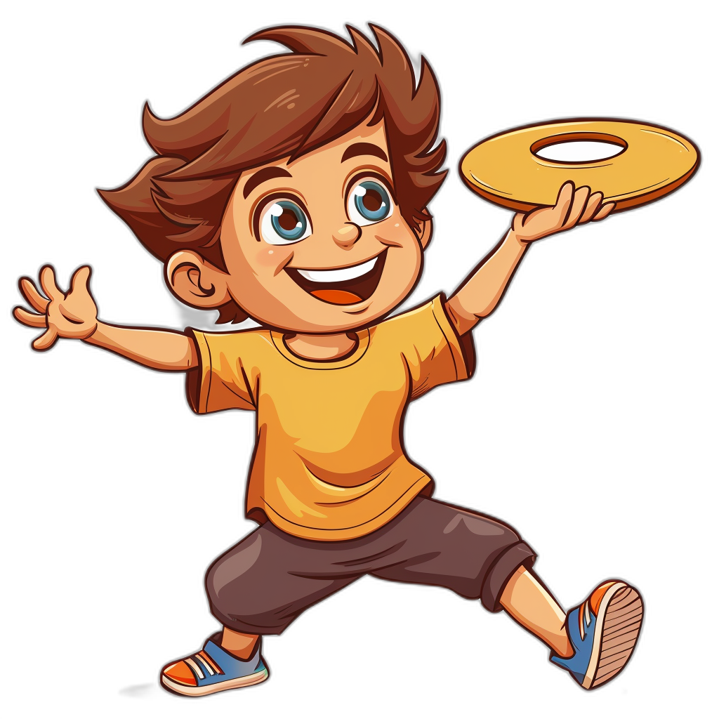 cartoon vector illustration of happy boy playing frisbee, isolated on black background, clipart style