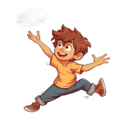 A cartoon boy with brown hair, wearing an orange t-shirt and blue jeans is jumping up in the air on a black background, smiling happily. The illustration style should be simple yet expressive, capturing his joyful expression as he takes off into mid-air. He has dark red shoes on his feet. The style of the illustration should be in the style of a simple yet expressive artist, capturing the boy's joyful expression as he jumps into the air.