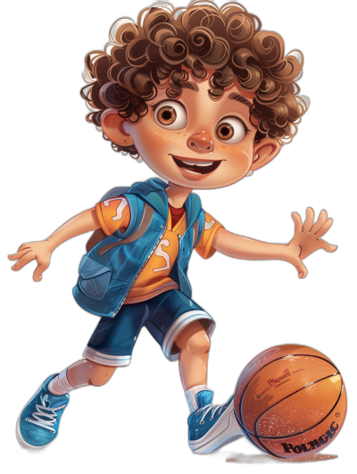 A cute little boy with curly hair, wearing blue shorts and an orange shirt, is playing basketball in the style of Disney Pixar character design. He has brown eyes and white skin. The background is black with cartoonish character caricatures in .