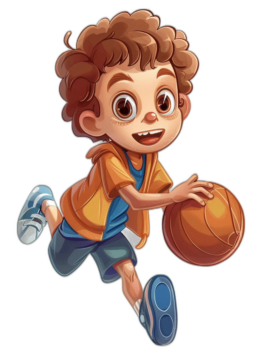 A cute cartoon boy playing basketball in a vector illustration style on a black background, with a cute and dreamy face, short curly hair, blue eyes, and brown skin tone, wearing sports shoes as he runs with the ball in his hand. The cartoon character has a bright color design and high resolution.