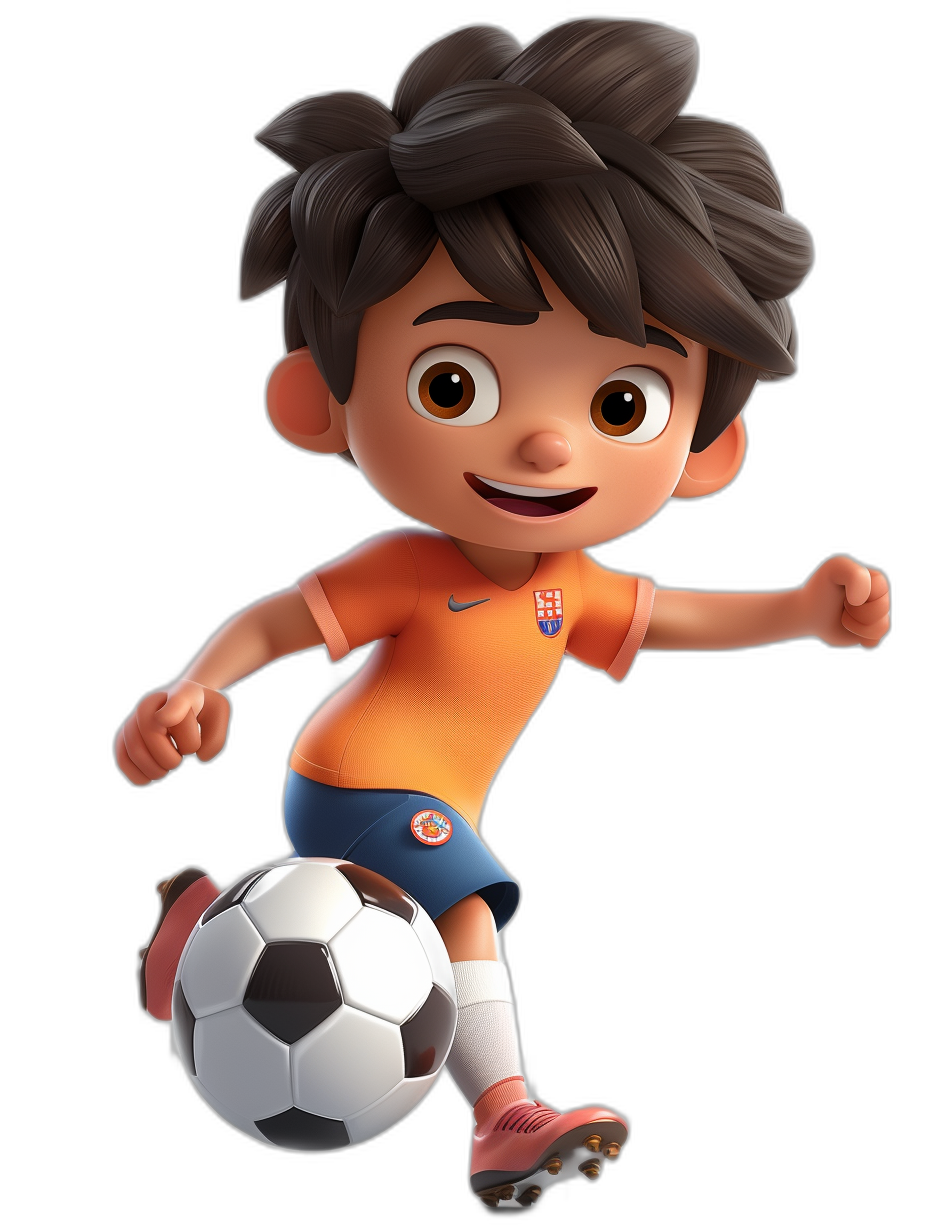 3D cartoon, happy young boy playing soccer, in the style of Pixar, adorable eyes, lovely, matte finishing, soft edges, black background, character design, Pixar render style