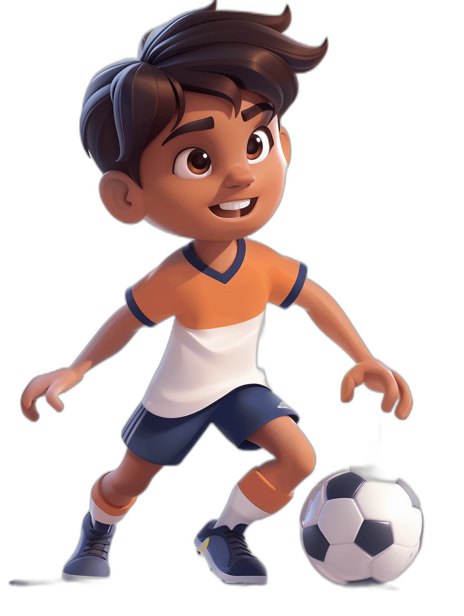 cartoon character of an Indian boy playing football, short hair with a side part wearing a white and blue t-shirt and shorts, in the style of Disney Pixar, cute cartoon face, brown skin tone, playing a soccer ball on a black background, 3D rendering, bright colors, 2D illustration, high resolution, high quality, high detail, detailed, cinematic lighting, epic scene.