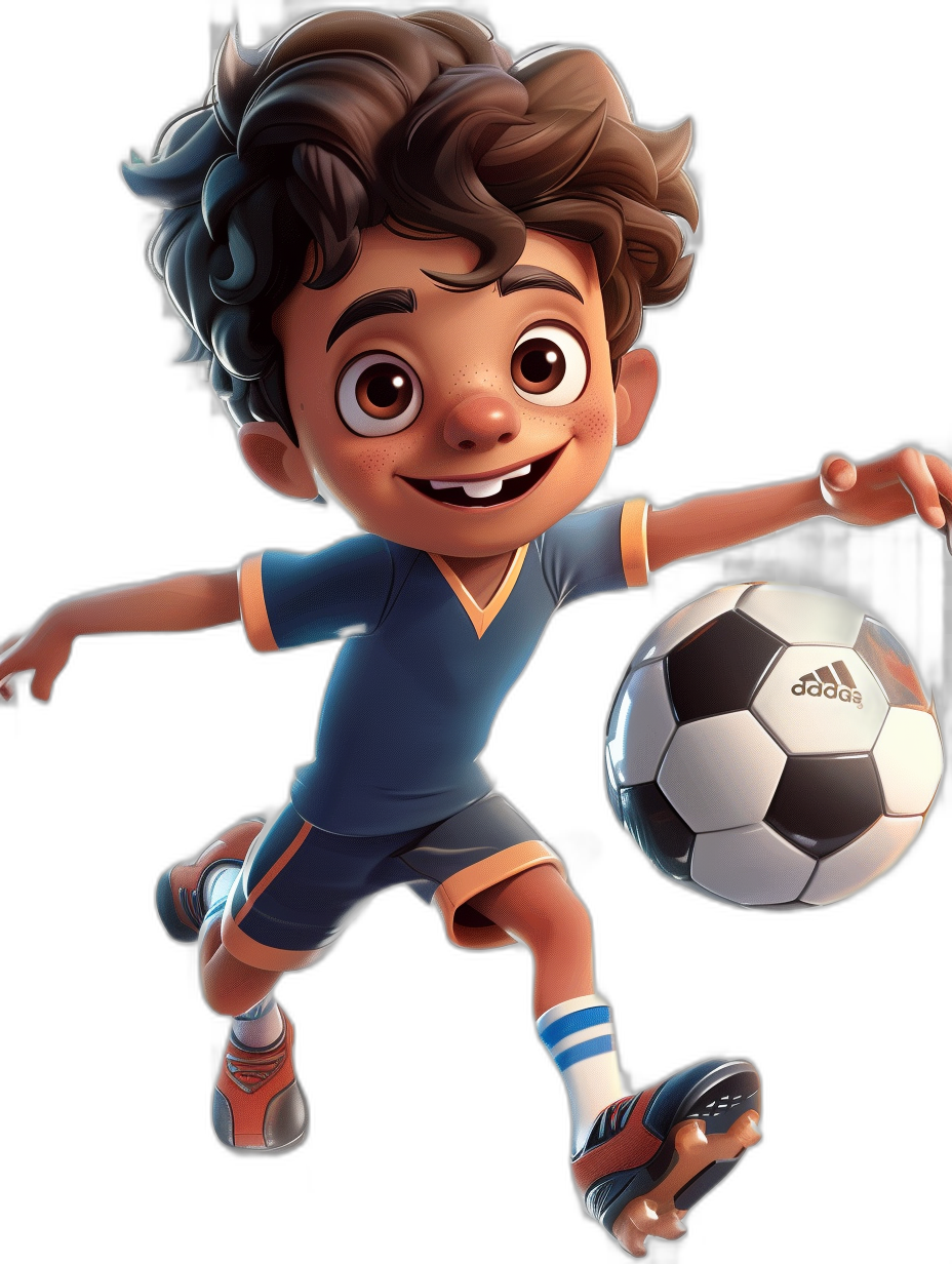 An ultra realistic digital illustration of a Disney Pixar style character, a brown haired boy with a blue t-shirt and shorts playing soccer on a black background. The young man is smiling, he has very short curly hair. He wears Adidas shoes. In his hand he holds the ball. It’s his first game in the football team. Black Background. In the style of Pixar. Cartoon. In the style of Disney cartoon. He looks happy.