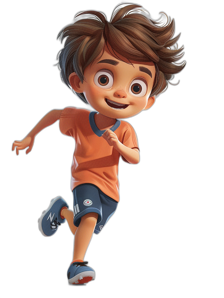 A young boy character with a happy face, brown hair and blue eyes wearing running shoes and an orange t-shirt on a black background color in the style of Pixar.