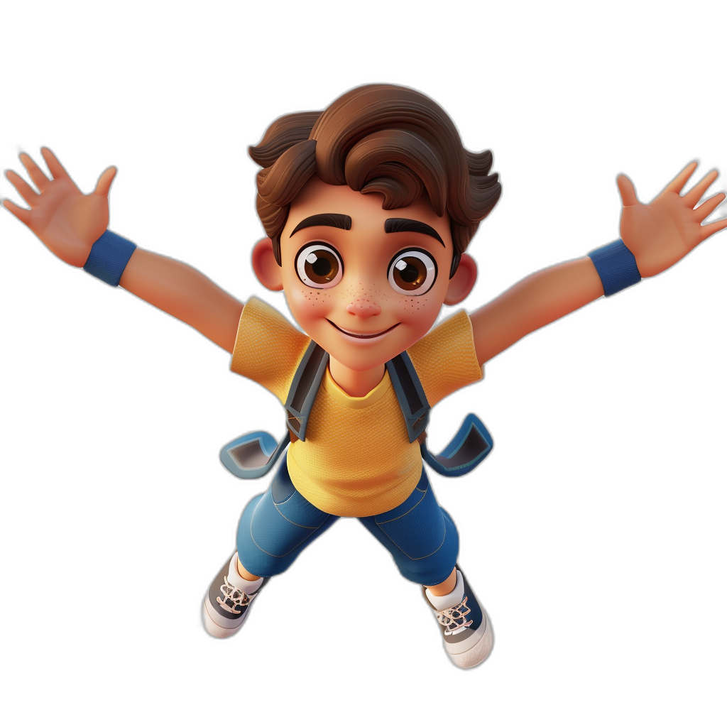 3D character of an animated happy young boy, jumping in the air with his arms outstretched to either side. The cartoon has brown hair and is wearing blue shorts, white shoes and a yellow t-shirt. He also wears a black backpack on one shoulder. Black background. In the style of Disney. In the style of Pixar. 45 degree angle.