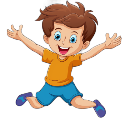 A cartoon happy boy jumping in the air in the style of clip art on a black background.