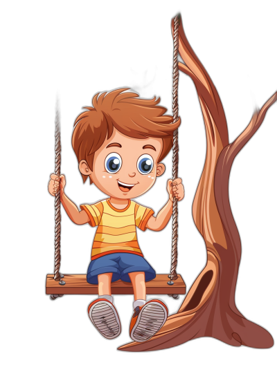 A cute cartoon of a boy sitting on a tree swing, with a black background, in the clip art style.