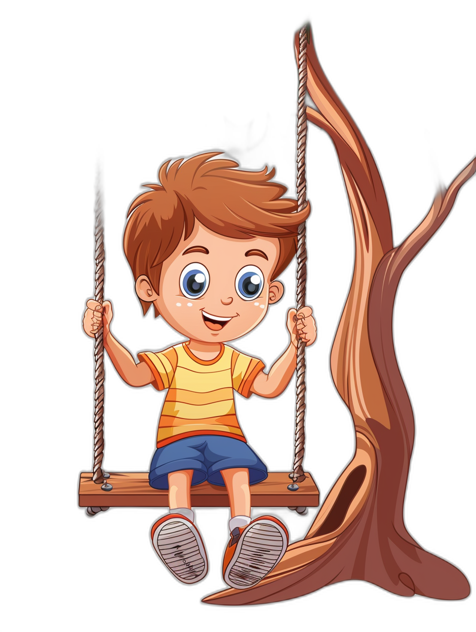 A cute cartoon of a boy sitting on a tree swing, with a black background, in the clip art style.