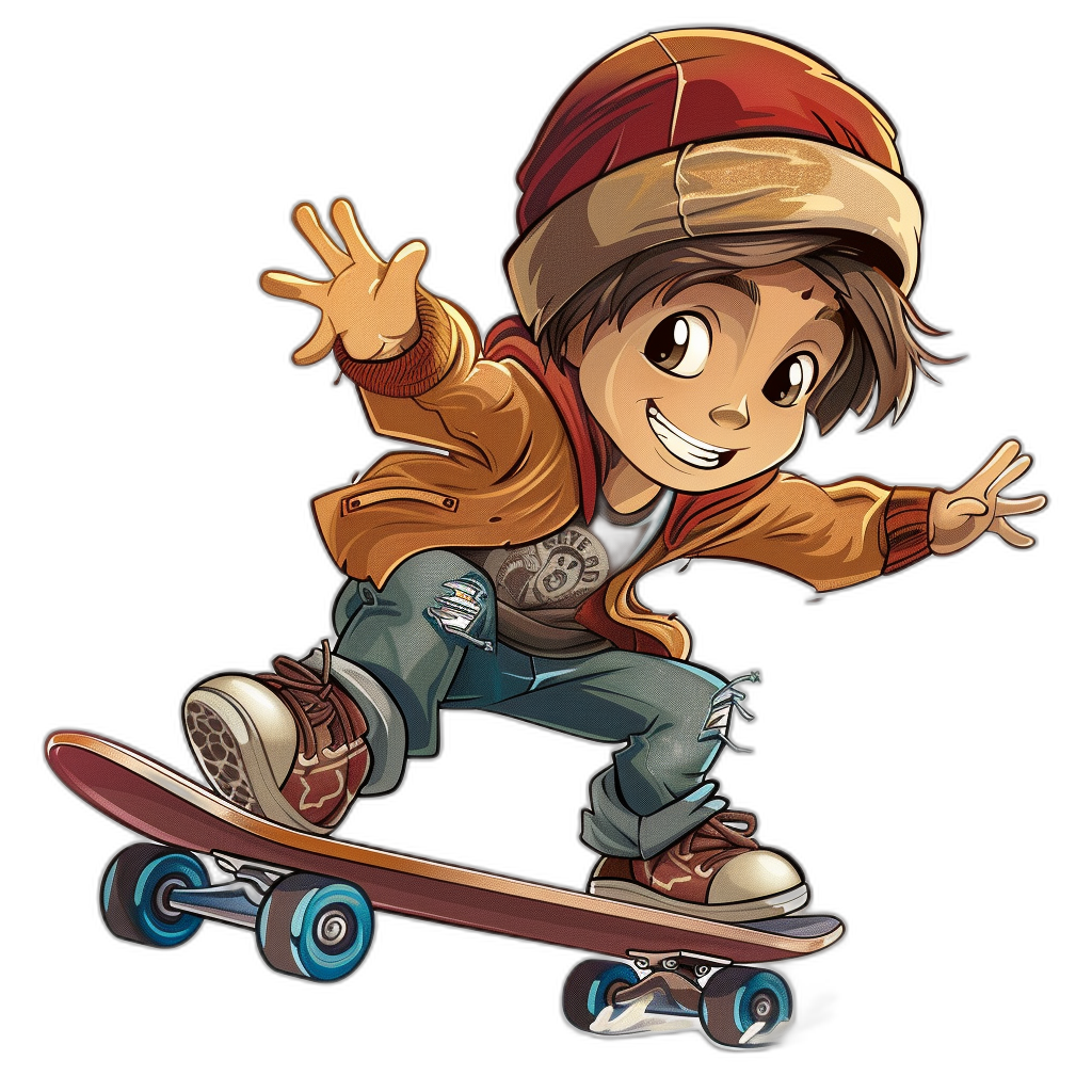 cartoon style, young boy riding on skateboard, black background, happy face, wearing beanie and jacket with hat, full body shot, high resolution, clear lines and facial features, high quality