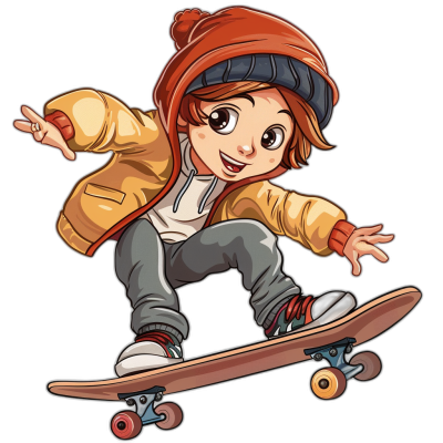 A cartoon character of an anime boy with brown hair and wearing a beanie, doing skateboard stails on black background, sticker style. The girl is dressed in casual , such as jeans or pants, sneakers, and may wear accessories like hats or gloves for warmth. She's playing skateboarding, which adds to her cool vibe. Her expression should convey confidence and excitement while she skillfully skates around the boarder. T-shirt design graphic, vector, contour, white border.