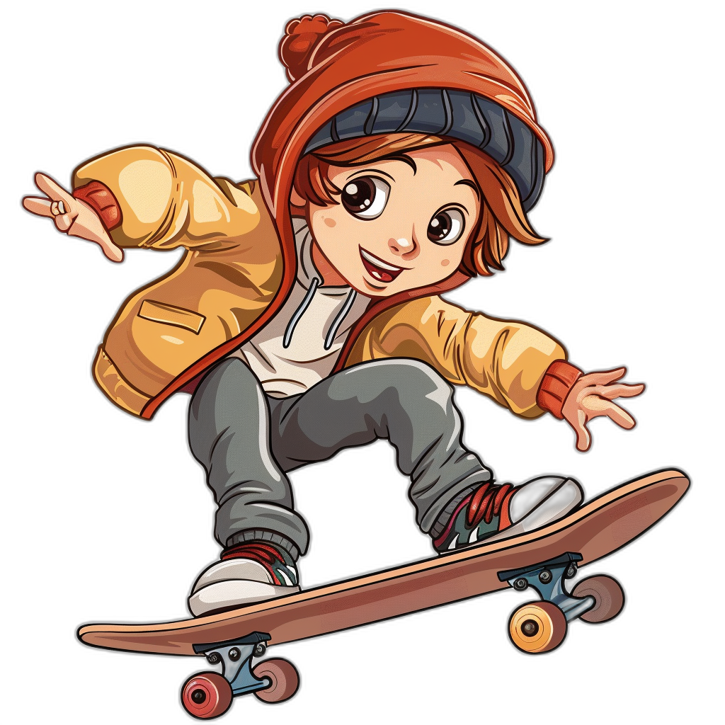 A cartoon character of an anime boy with brown hair and wearing a beanie, doing skateboard stails on black background, sticker style. The girl is dressed in casual , such as jeans or pants, sneakers, and may wear accessories like hats or gloves for warmth. She’s playing skateboarding, which adds to her cool vibe. Her expression should convey confidence and excitement while she skillfully skates around the boarder. T-shirt design graphic, vector, contour, white border.