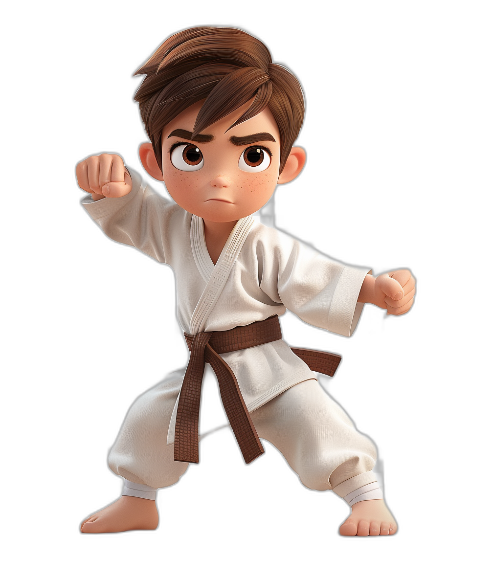 A young boy with brown hair in a karate outfit doing a fighting stance ready to fight, full body character design in the style of 3d Disney Pixar on a black background.