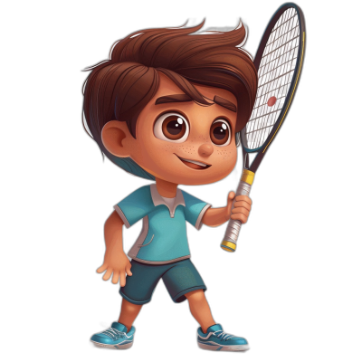 a cute little boy playing tennis, brown hair and wearing blue shorts and t-shirt with sneakers holding the racket in his hand. The illustration is done as an 2D cartoon character style on black background. He has big eyes and smiley face. His head should be full of hair and have some details like it’s real kid. In pixar artstyle