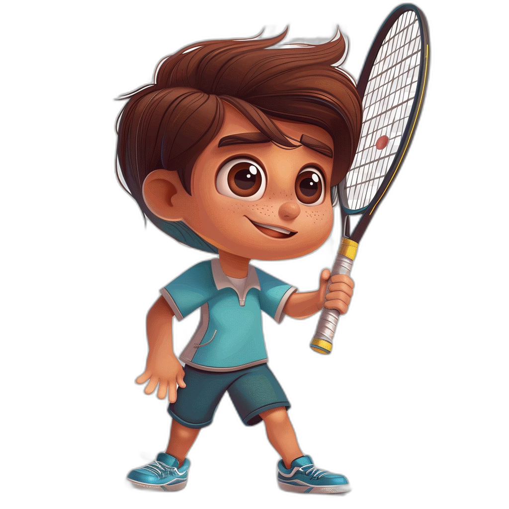 a cute little boy playing tennis, brown hair and wearing blue shorts and t-shirt with sneakers holding the racket in his hand. The illustration is done as an 2D cartoon character style on black background. He has big eyes and smiley face. His head should be full of hair and have some details like it’s real kid. In pixar artstyle