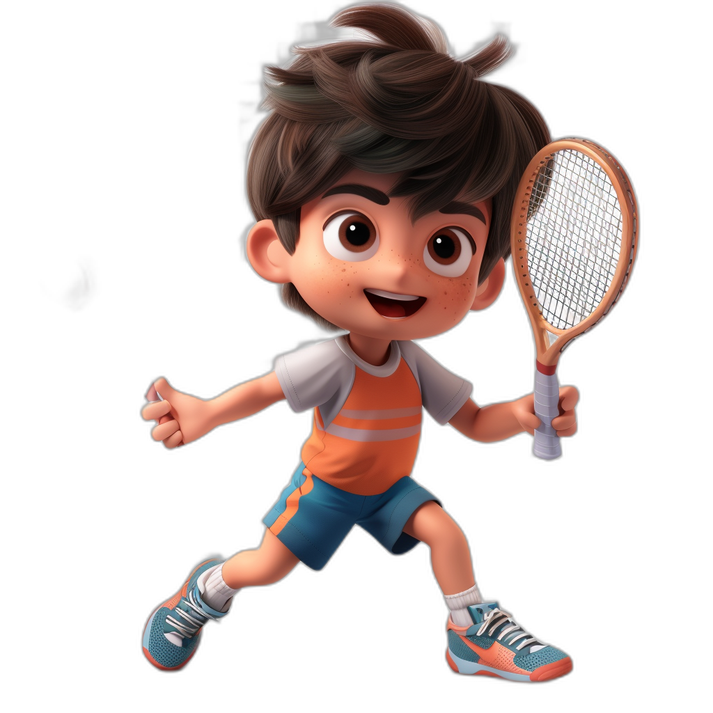 A cute little boy playing tennis, holding the racket in his hand and running forward with both feet on a black background, in the style of Disney Pixar, character design sheet, front view, side face close-up, cartoon character, wearing sports  and sneakers, big eyes, brown hair, white skin tone, with a cute and happy expression, with high definition details.