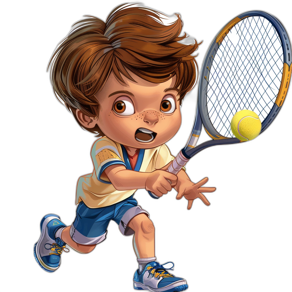 A little boy playing tennis in an illustration with a cartoon style and black background. He is wearing shorts and a t-shirt in blue and yellow colors, with brown hair, hitting the ball using his racket. The character is depicted as cute and cheerful, with big eyes and an open mouth, holding onto two rackets, one in each hand. He has short curly chestnut colored hair and wears light gray-blue colored sneakers. In one hand he holds a bright greenish-yellow tennis ball.