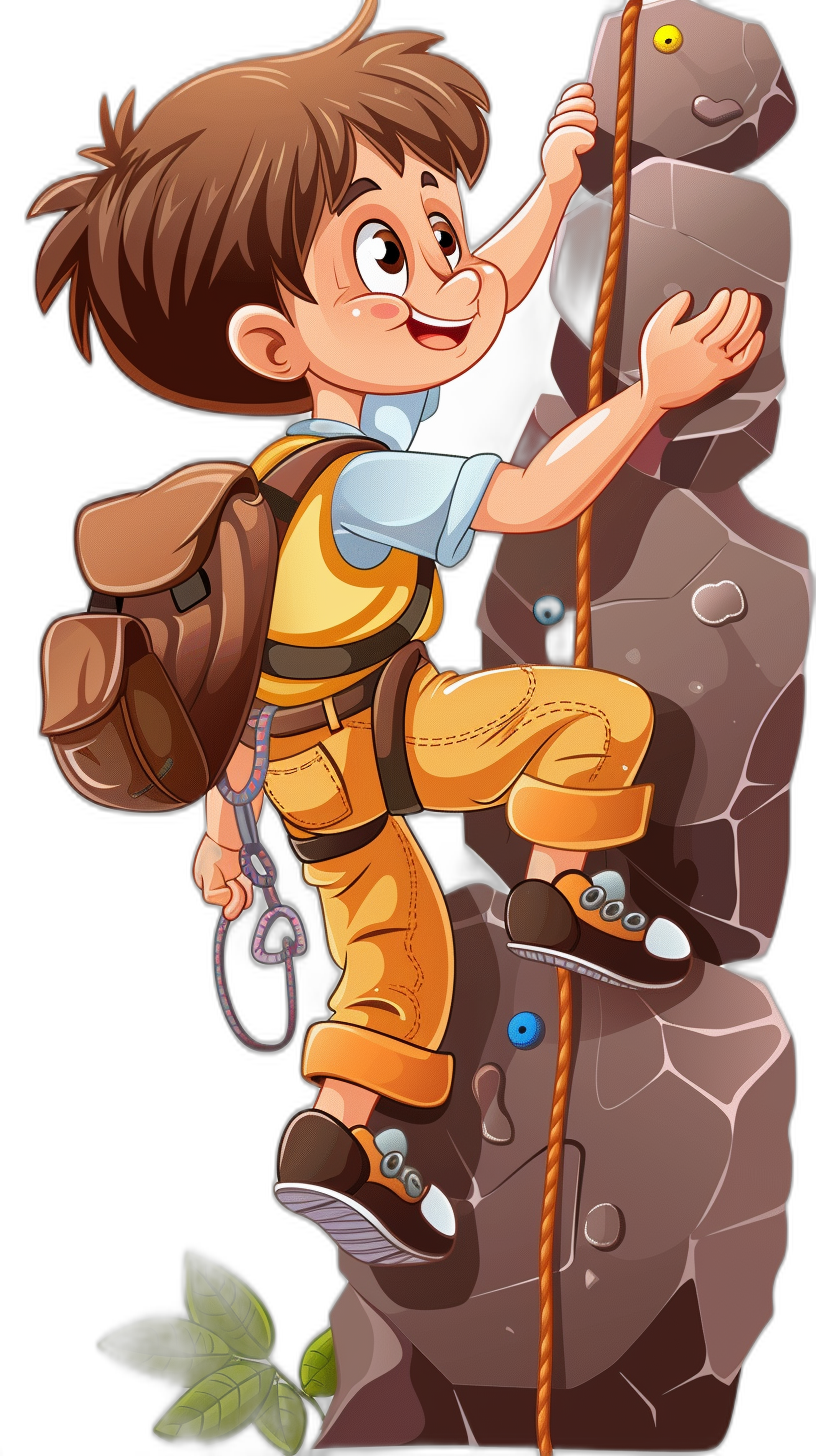 cartoon boy climbing a rock wall, vector design for a t-shirt, solid black background, brown hair and blue eyes with a white shirt and yellow pants, an orange backpack hanging on a rope in his hand as he climbs the side of a mountain, in the style of a cartoon, clip art sticker, isolated from a dark black background, a professional illustration, sketchy with clean edges, a cartoon character that is cute