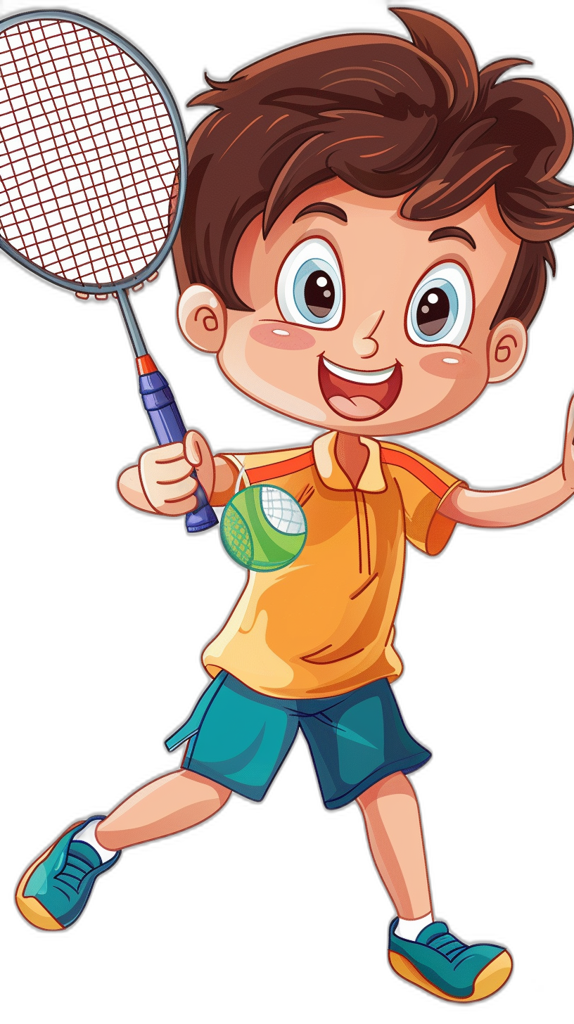 Cute cartoon boy playing badminton, in the style of a vector illustration, on a black background, with simple lines and bright colors, resembling a children’s book illustration, with high resolution, high quality, high detail, and high definition.