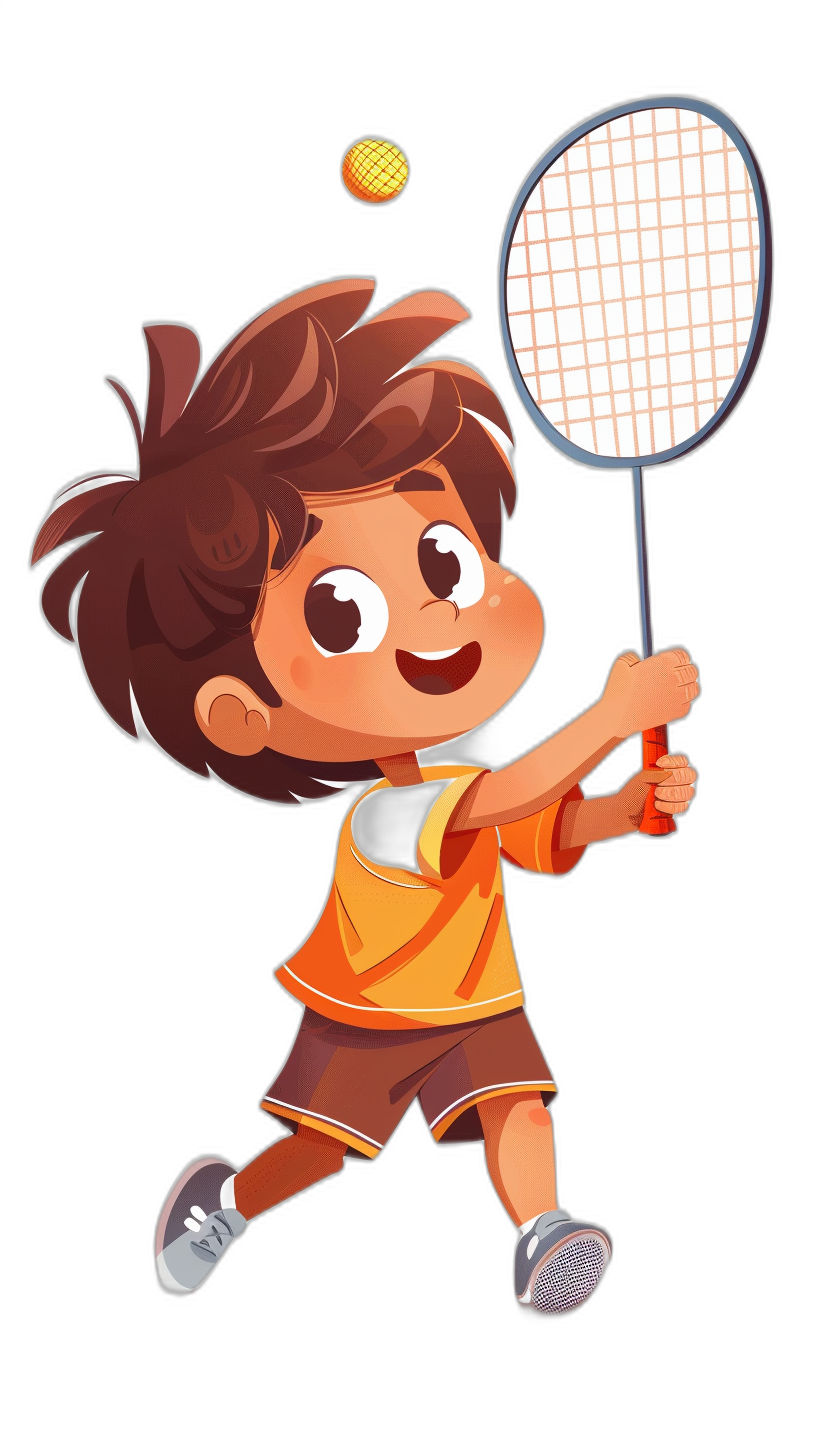 A little boy playing badminton in a cartoon style with simple lines on a black background. He has a cute expression with brown hair and orange , holding the racket in his hand to hit the ball while smiling happily. The character is centered on one side of the screen in a full body portrait as a flat illustration with high definition resolution and high details to show high quality. His  have high details.