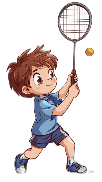 A cute little boy playing badminton, chibi style, simple drawing with black background, wearing blue short-sleeved shirt and shorts, holding the racket in his right hand while hitting an orange ball with it. He has brown hair and is smiling happily. The character's facial features have clear details, with bright colors on their  to make them stand out against dark backgrounds. A dynamic pose captures him jumping up as he hits the tennis ball with power.,,in