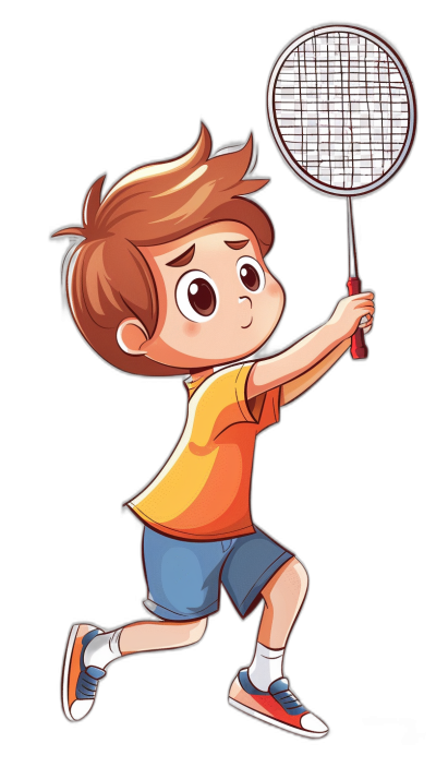 A cute little boy playing badminton in the style of a cartoon, with simple lines in a vector illustration format, on a black background with bright colors. It is a full body portrait of the boy wearing sports shoes and shorts, holding the racket in both hands as if he has just hit the shuttlecock. The boy's head is slightly tilted up.