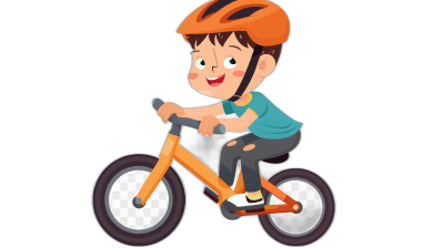 A cute cartoon boy riding an orange bike, wearing helmet and smiling happily. The background is black with no other elements. Cartoon style, simple lines, bright colors, high saturation, close-up shots, focus on the character's face, confident movements of sitting on the bicycle, warm atmosphere.,in