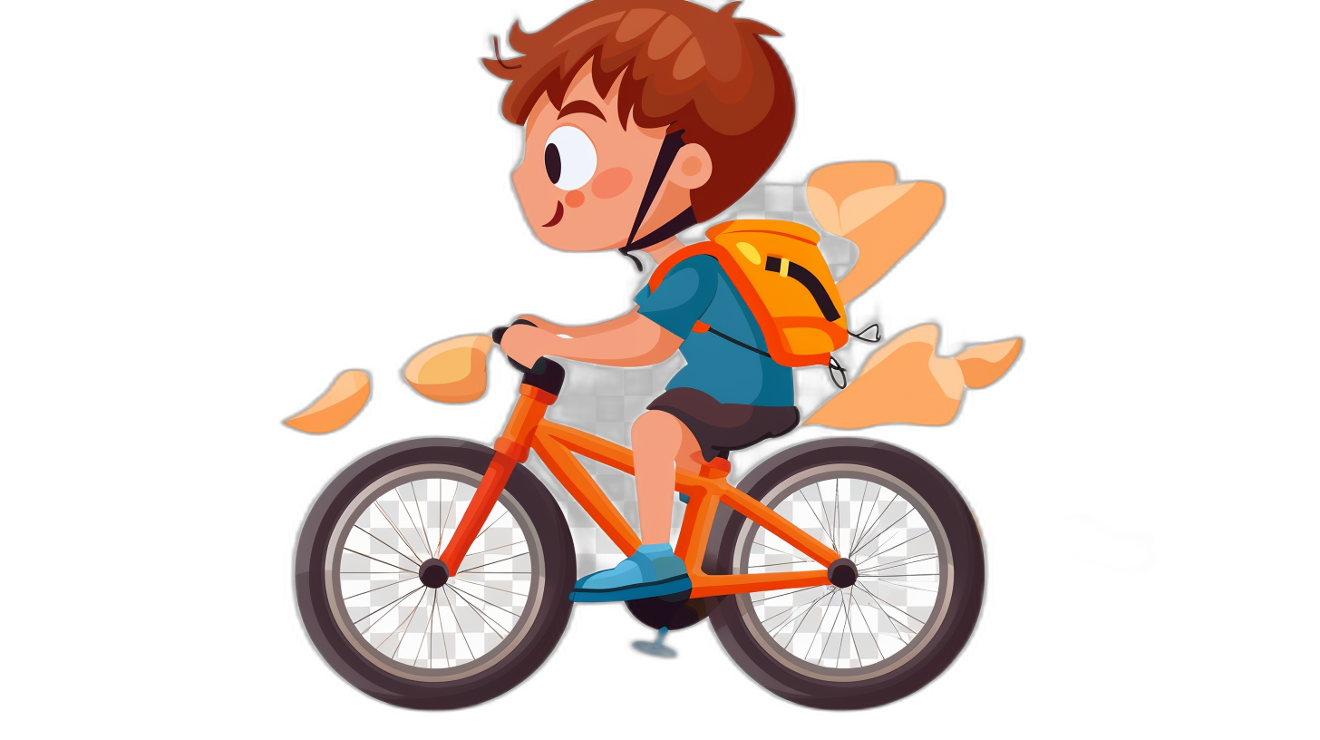 A boy riding an orange bike with two wheels in the style of a cartoon, vector illustration in the cartoon style, simple flat design with a black background, no shadows on the character, cute face with brown hair and blue eyes wearing a helmet and backpack, side view from the side angle as a close up shot of his head and shoulders, flying leaves in the air with a cartoon effect.