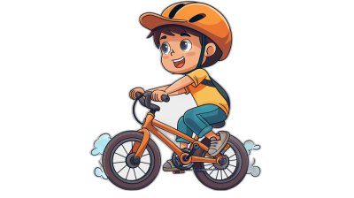 A cute cartoon boy is riding an orange bike, wearing helmet and white T-shirt with blue shorts underneath. The illustration has a black background and is in vector style. It uses bright colors to highlight the character's cheerful expression while sitting on his bicycle. In general, it captures young children enjoying their activity of learning how to ride bicycles. Cartoon Style Vector Illustration With Black Background And A Smiling Boy Is motivation for kids ,8k resolution, high detail, high quality