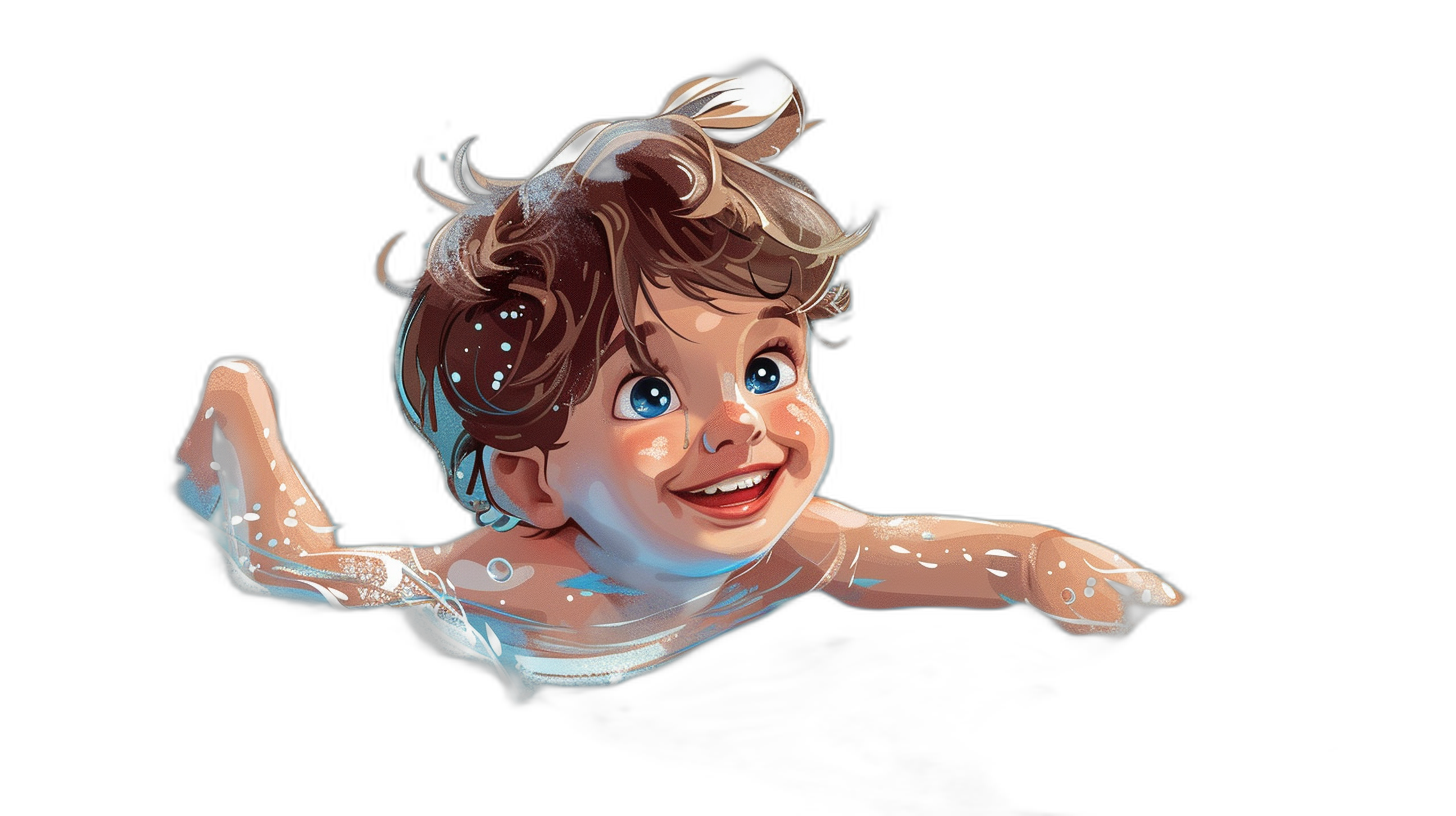 A cute baby boy with brown hair is smiling and floating in the air, side view, in the style of Disney, in the style of Pixar animation, character design, black background, white paint on his body, detailed facial features, water drops around him, high detail, high resolution, high quality.