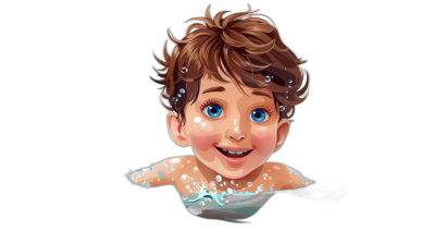 A cute little boy with brown hair and blue eyes smiling, floating in the air surrounded by water droplets, in the style of Disney cartoon character design, on a black background, shown from the front, with high resolution.