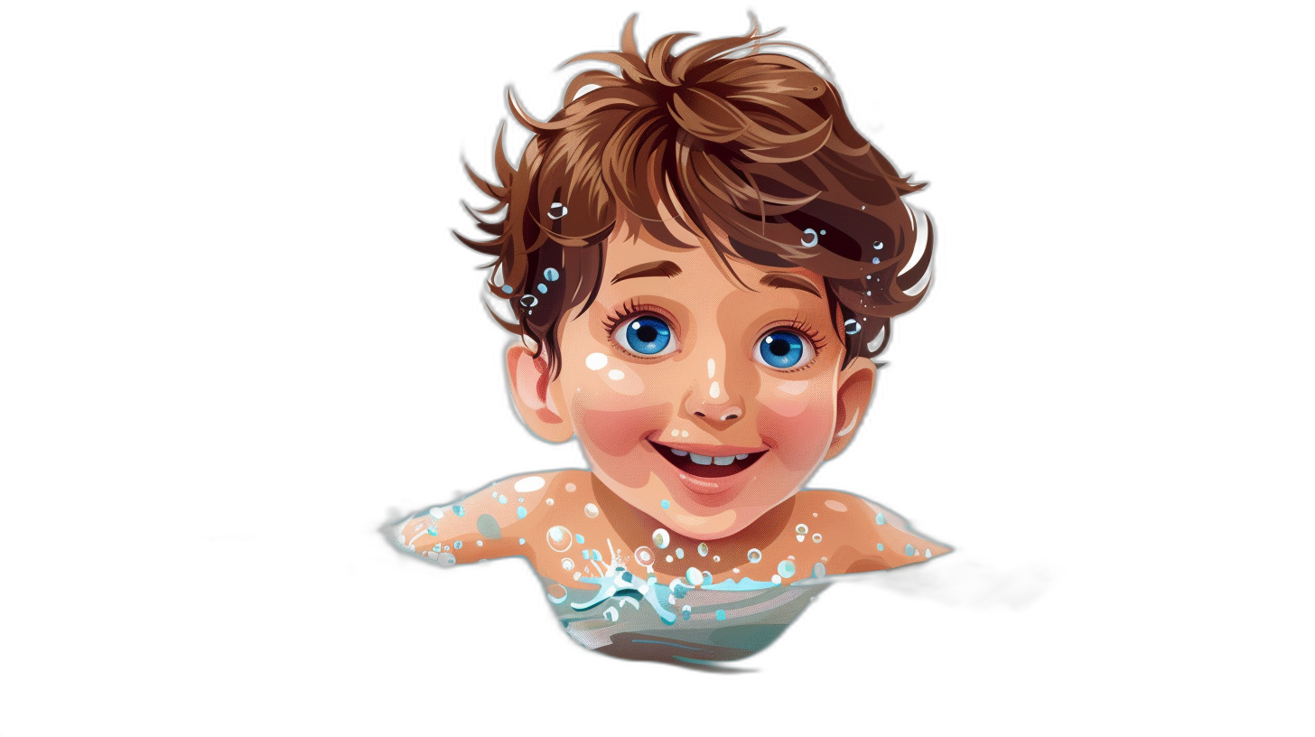 A cute little boy with brown hair and blue eyes smiling, floating in the air surrounded by water droplets, in the style of Disney cartoon character design, on a black background, shown from the front, with high resolution.