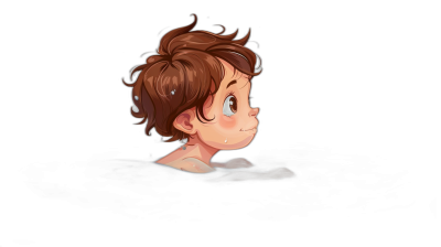 A cute little boy with brown hair is floating in the dark water, he has short curly and disheveled hair, his eyes glow slightly from behind, simple cartoon style, drawing for children's book illustration, solid black background, close-up portrait, high detail