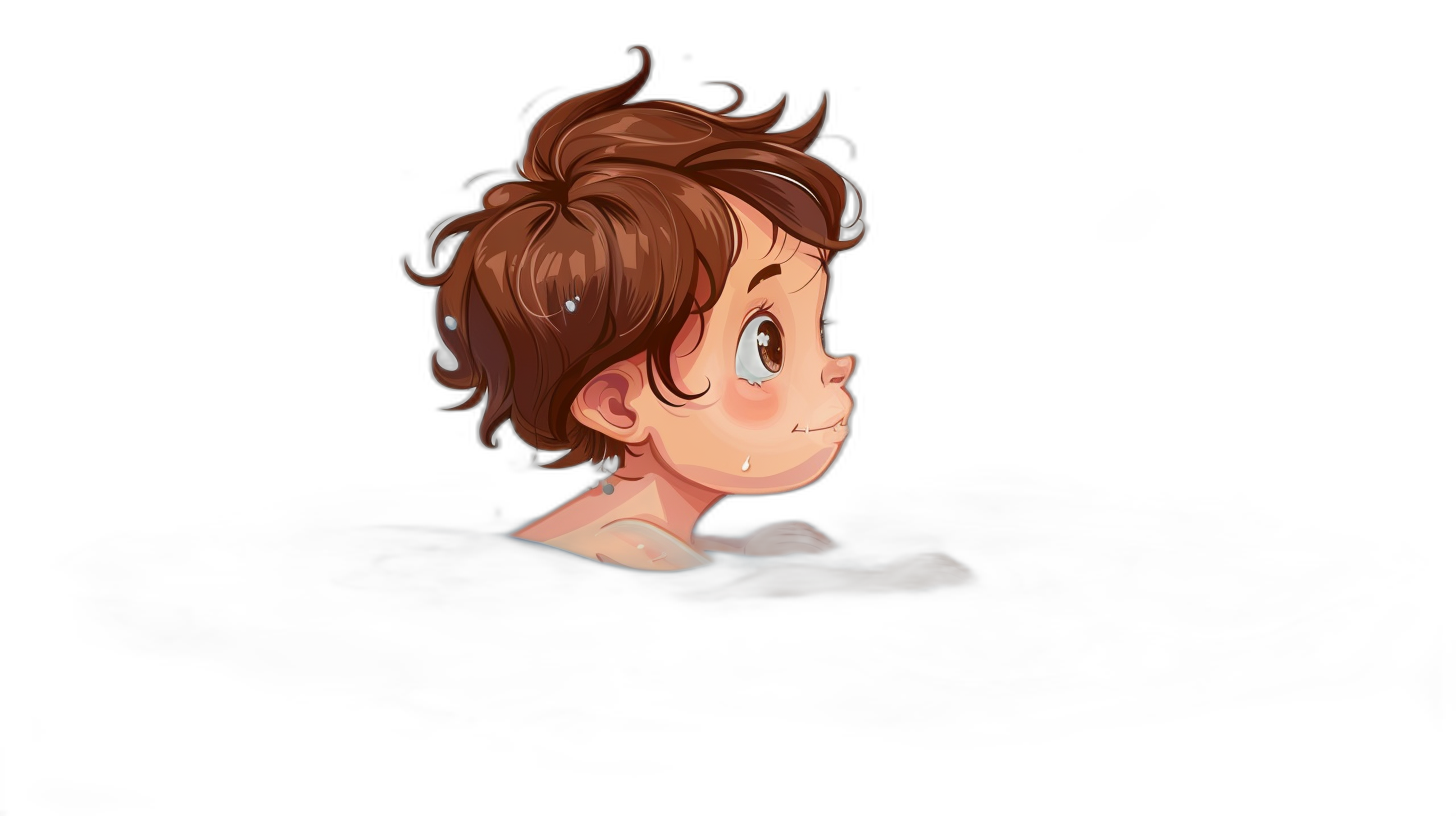 A cute little boy with brown hair is floating in the dark water, he has short curly and disheveled hair, his eyes glow slightly from behind, simple cartoon style, drawing for children’s book illustration, solid black background, close-up portrait, high detail