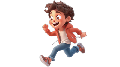 A boy running with brown hair, wearing jeans and an orange jacket, smiling happily, in the style of Pixar cartoon character design, 3D rendering, full body shot, black background,