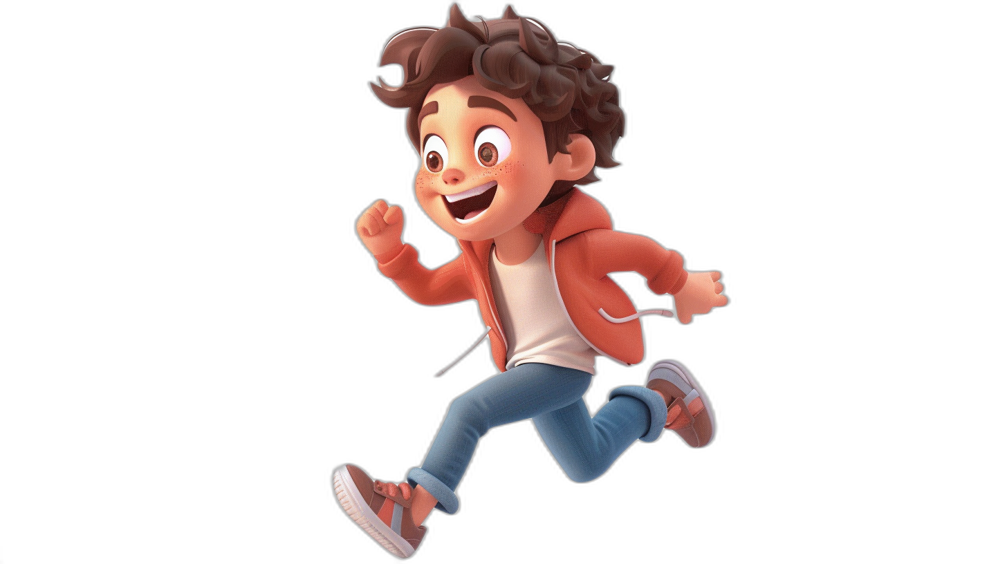 A boy running with brown hair, wearing jeans and an orange jacket, smiling happily, in the style of Pixar cartoon character design, 3D rendering, full body shot, black background,