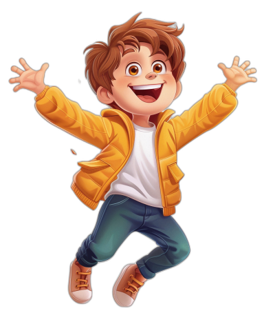 A cute cartoon avatar of an adorable little boy with brown hair, wearing blue jeans and a yellow jacket jumping happily against a black background. The illustration is in the style of Pixar with bright colors and soft lighting. This character embodies the lively atmosphere of children's  advertising, showcasing his confidence in .