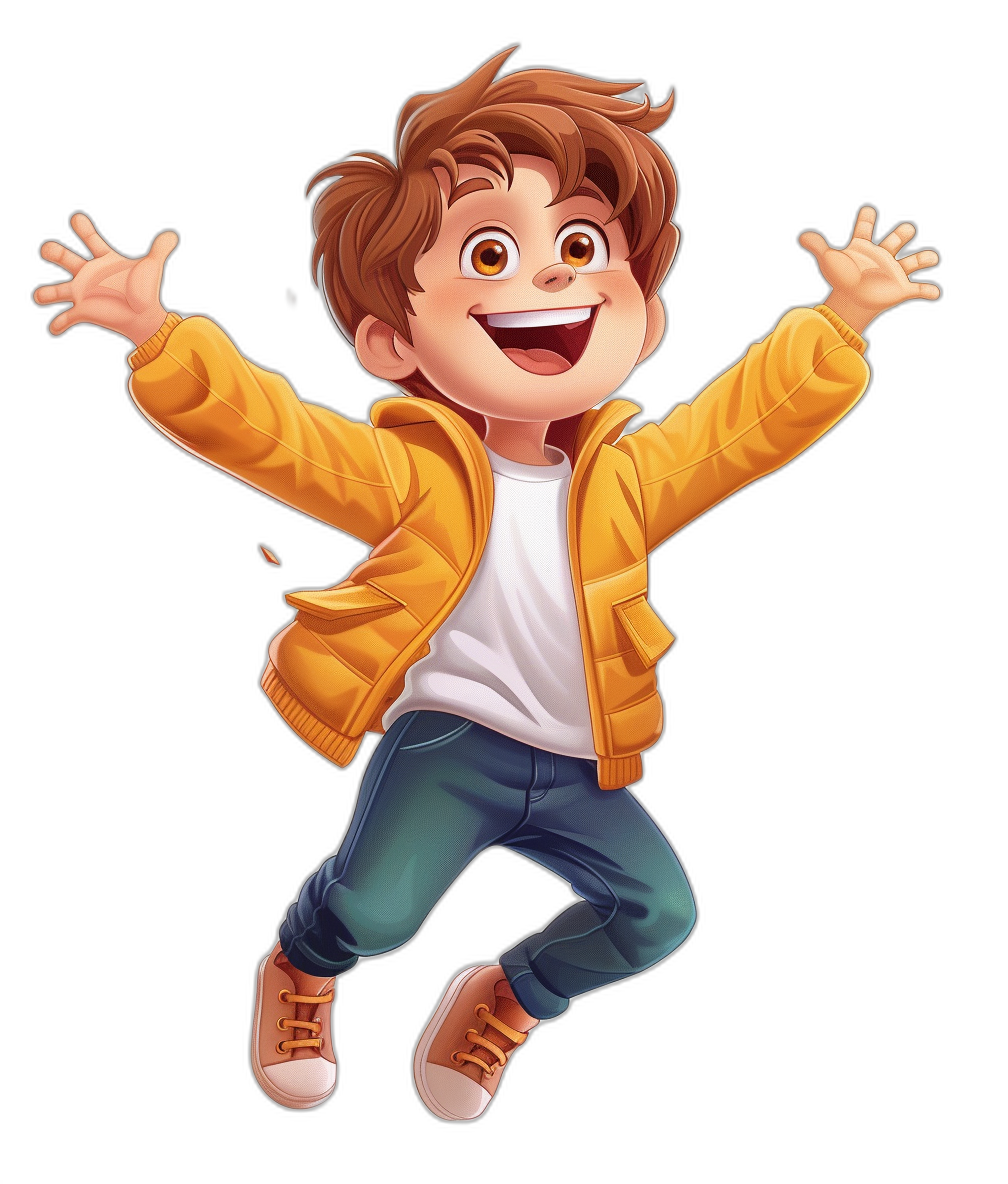 A cute cartoon avatar of an adorable little boy with brown hair, wearing blue jeans and a yellow jacket jumping happily against a black background. The illustration is in the style of Pixar with bright colors and soft lighting. This character embodies the lively atmosphere of children’s  advertising, showcasing his confidence in .