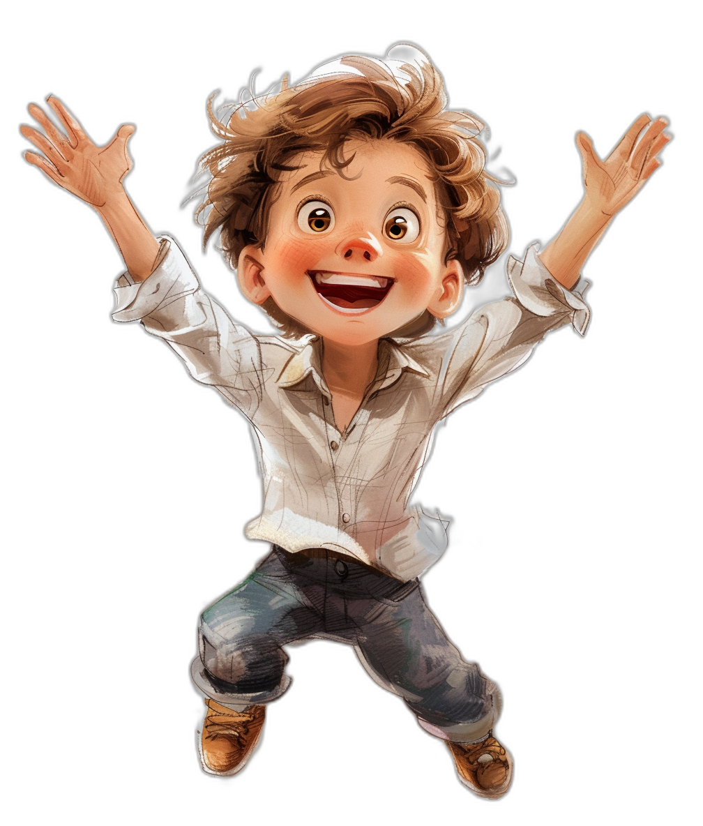 A cute boy with short curly hair, wearing jeans and a white shirt is jumping up happily in the style of Disney, against a black background, with high resolution, in the style of Pixar.