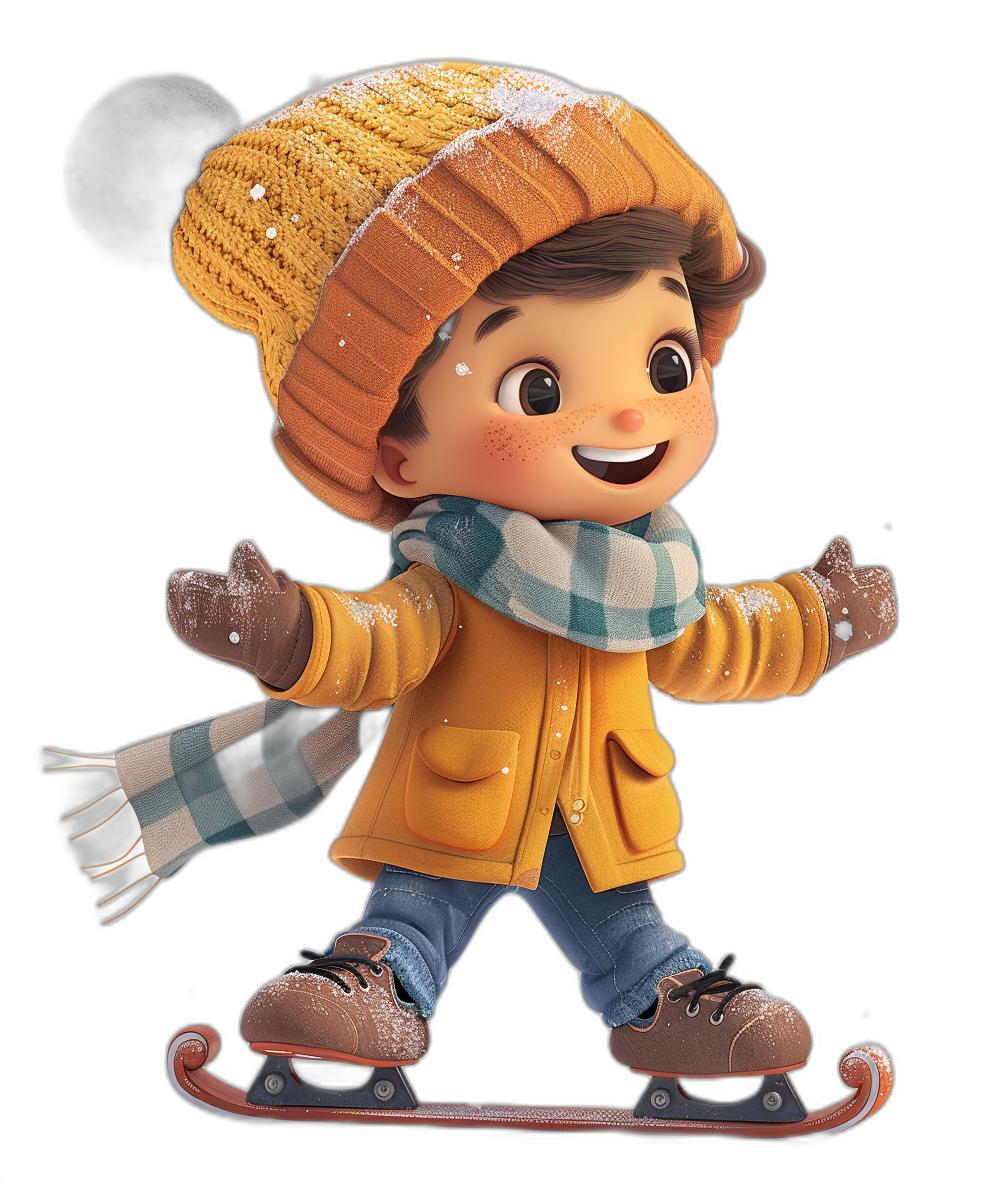 Cute cartoon boy ice skating, wearing a yellow jacket and hat with a scarf around his neck, brown shoes on his feet, black background, in the style of Disney, in the style of Pixar animation, character design, renderman rendering engine.